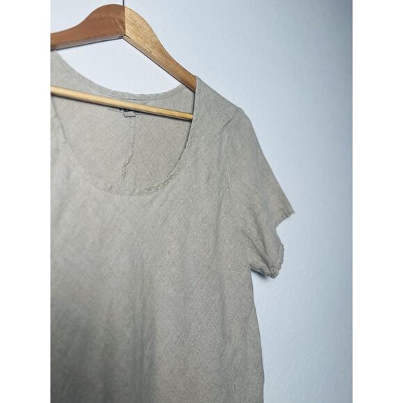 Flax 100% Linen Asymmetrical Layered Top Sz M Beige Short Sleeve Lagenlook Boho - Picture 2 of 8